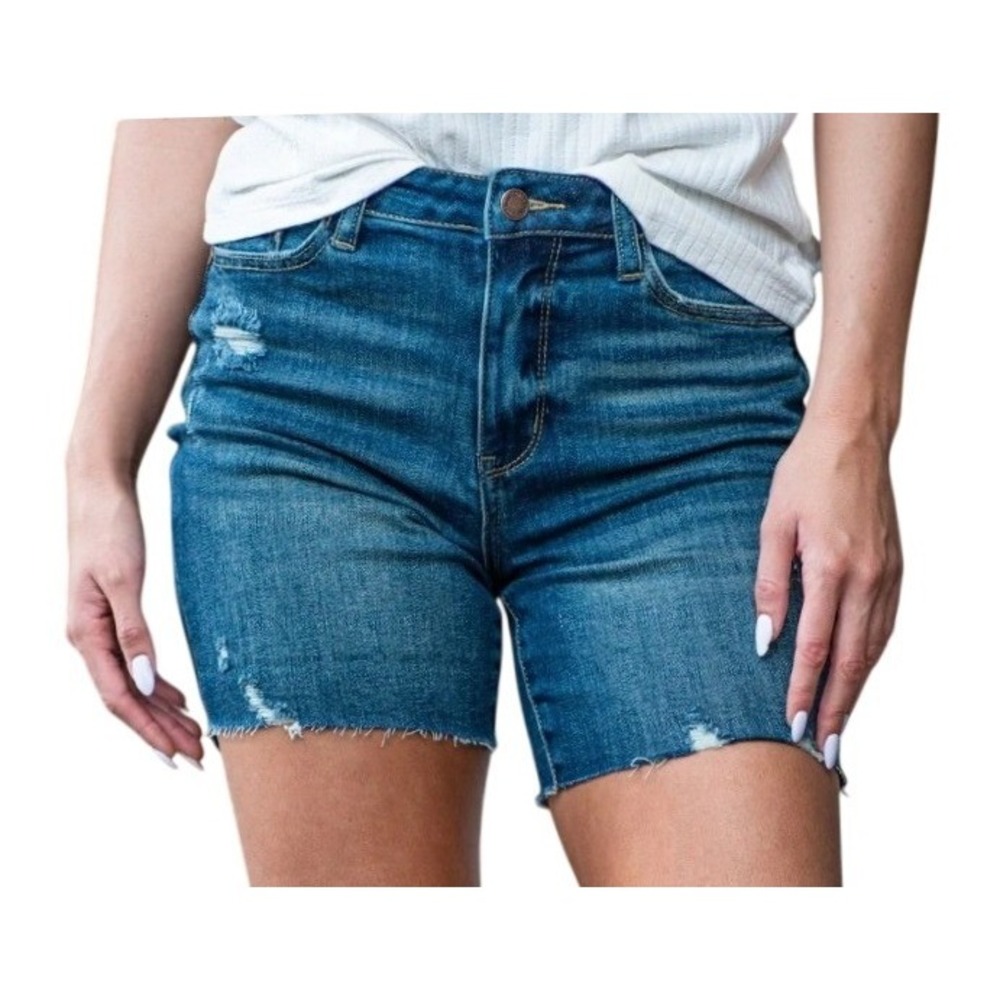 Judy Blue Womens‎ L High Rise Mid Thigh Raw Hem Denim Shorts